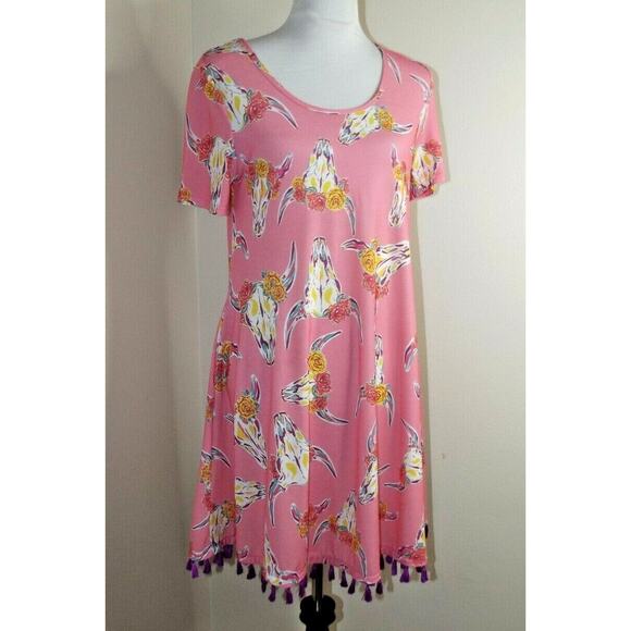 Simply Southern Dresses & Skirts - SIMPLY SOUTHERN Wild Bulls DRESS -Size Small -Pink w/Purple Tassels Short Sleeve